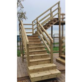 Escalier bois extérieur avec palier et rambardes 9x9 tête droite