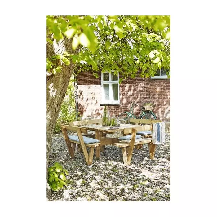 Table pique nique bois carrée avec bancs et dossiers 8pers pin naturel