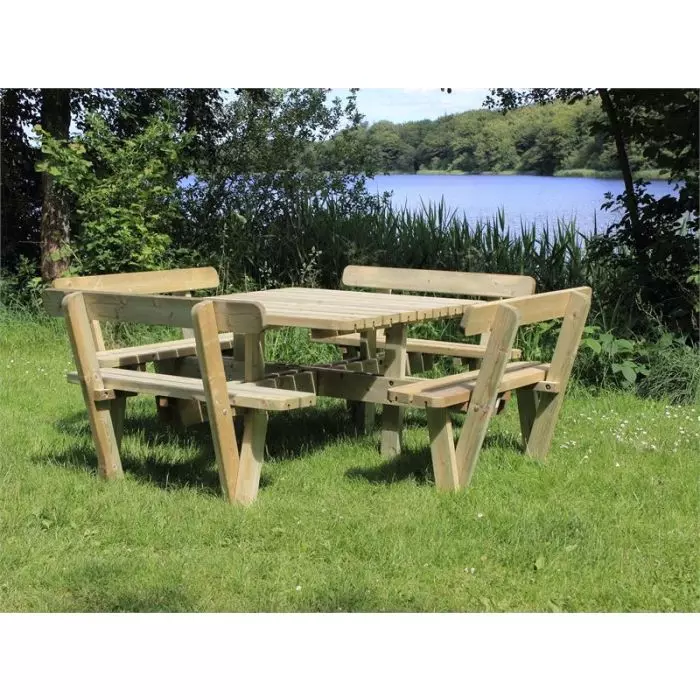 Table pique nique bois carrée avec bancs et dossiers 8pers pin naturel