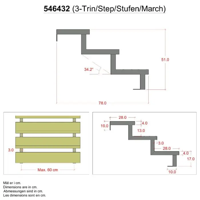 Pack 3x steel deck stair stringer 3 steps - h51cm - with option to install countersteps
