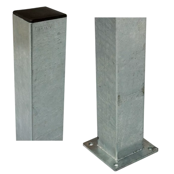Poteau acier carré avec base : 8×8×186cm incl. 1 cache-poteau Poteau acier carré avec base : 8×8×186cm incl. 1 cache-poteau