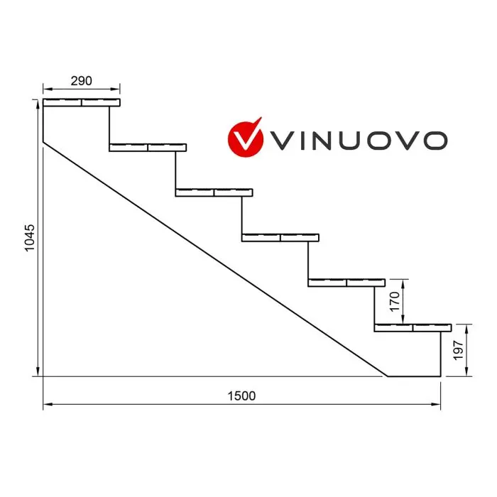 Buitentrap H105cm - 6 treden hout D29cm, B160cm ZONDER optrede