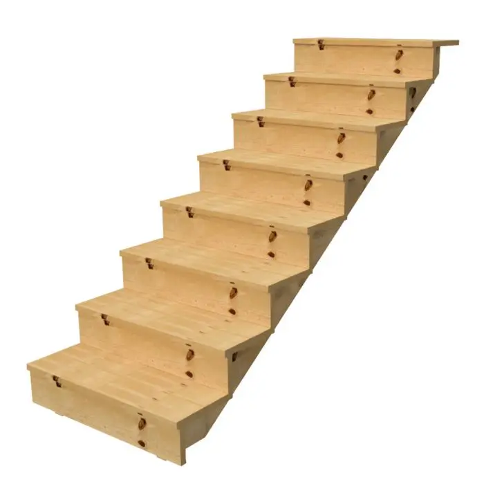 Buitentrap h139cm - 8 treden hout D29cm, B140cm MET optrede Buitentrap h139cm - 8 treden hout D29cm, B140cm MET optrede