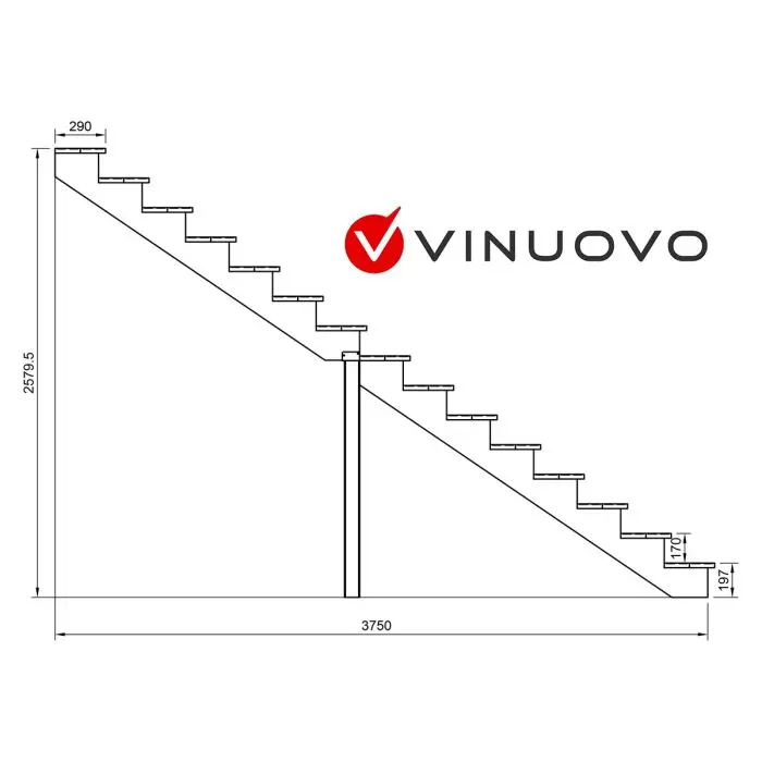 Deck stairs wood BERLIN H258cm 15 steps D29cm W100cm, WITH counter steps