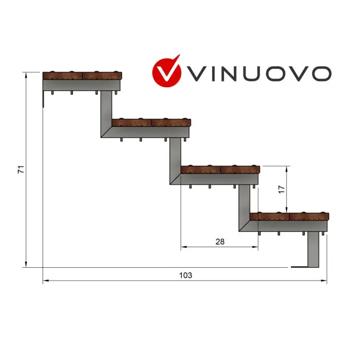 Scala in acciaio BALI, 4 gradini in legno esotico Bangkirai, Altezza 71cm e larghezza 60cm