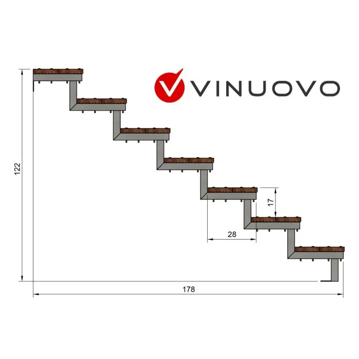 Escalier en acier BALI, 7 marches en bois exotique Bangkirai, Hauteur 122 cm - L 80 cm
