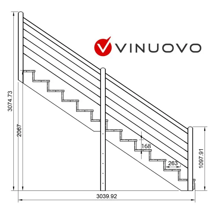 Escalera exterior patio TOKYO pasamanos 7x7cm cables acero 12 p A207cm