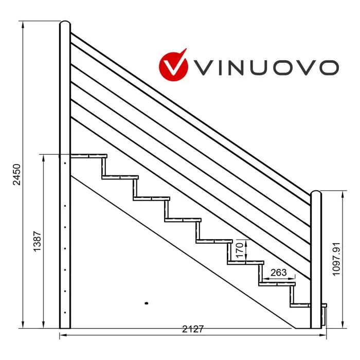 Scala in legno TOKYO 8 gradini h139cm Ringhiera cavi acciaio inox,lato opzione a scelta,varie dimensioni 
