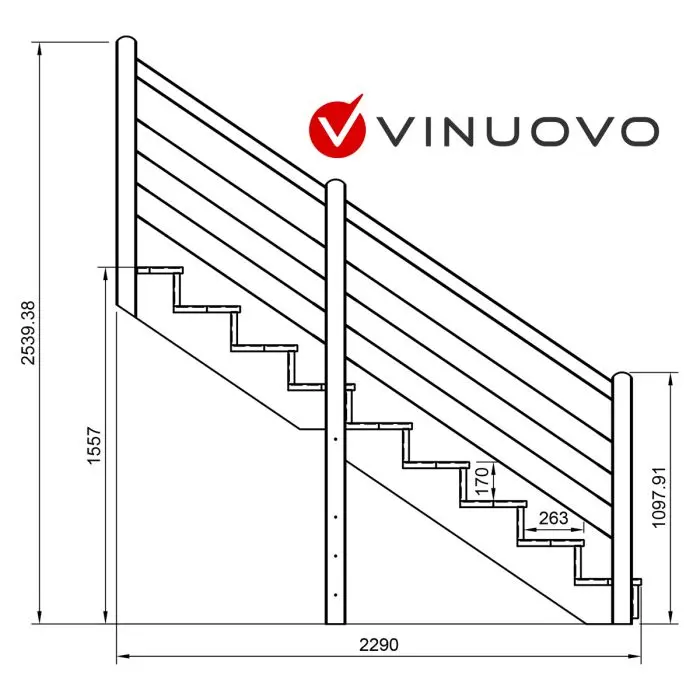 External staircase 9 steps with wooden handrail 7x7cm and stainless steel cables