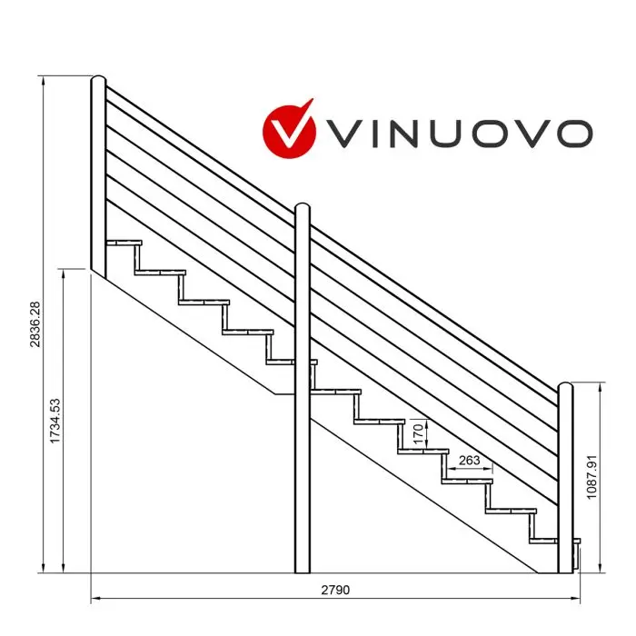 Escalera exterior patio TOKYO pasamanos 7x7cm cables acero 11 p A190cm