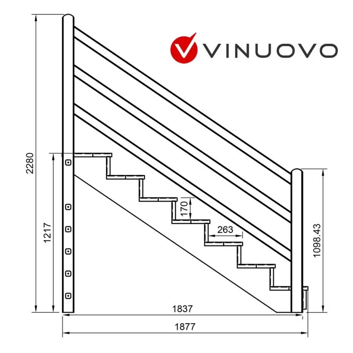 Trap buiten VENEZIA 7 treden met houten trapleuning H122cm