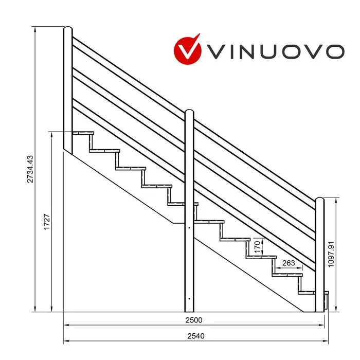 Terrassentreppe VENEZIA mit Treppengeländer, 10 Stufen, H173cm versch. Breiten