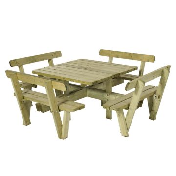 Vierkante picknicktafel met banken en rugleuning - 8p - Geimpregneerd hout