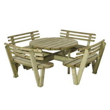 Table pique nique bois ronde avec bancs et dossiers 8pers pin naturel
