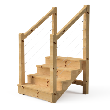 Escalier extérieur en bois 4 marches (hauteur 71cm) avec garde corps en bois et câbles acier inoxydable. 