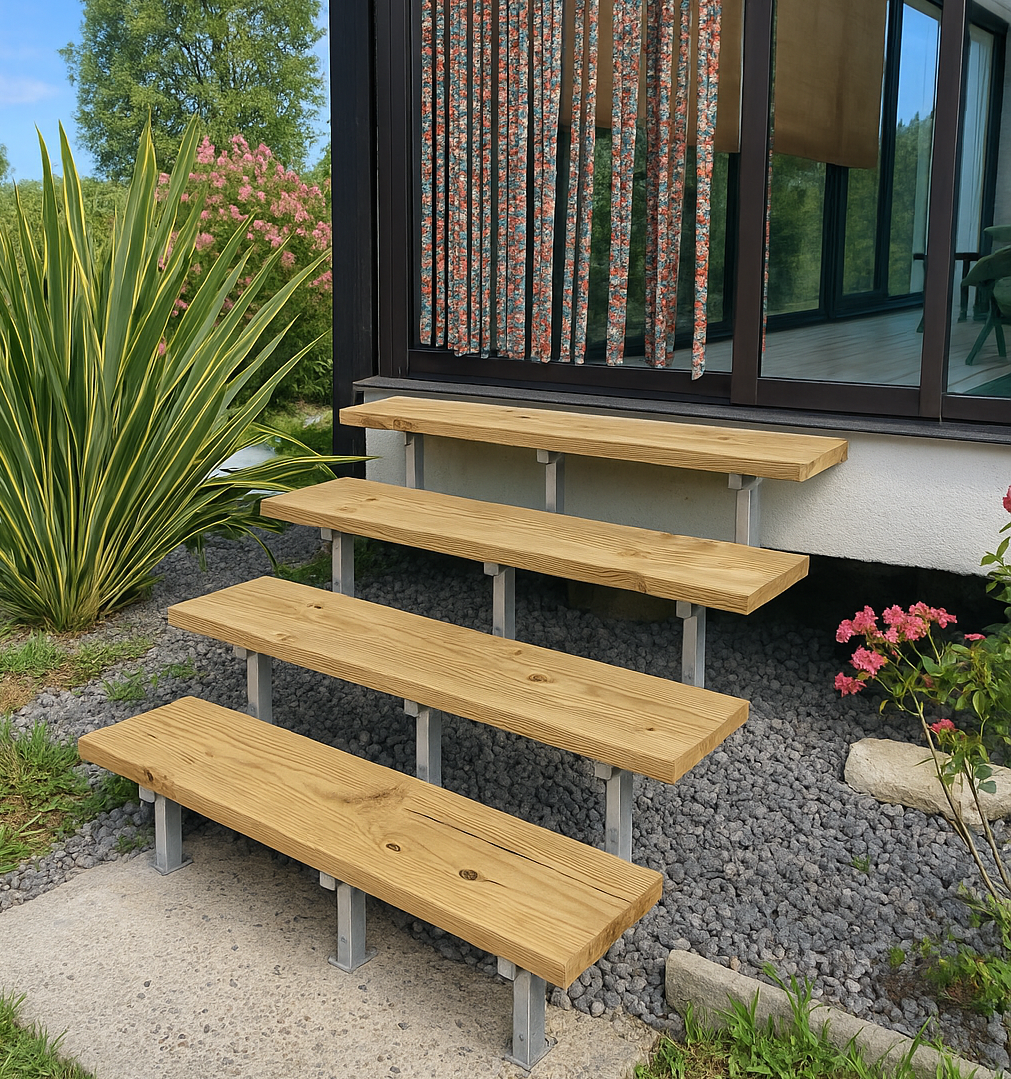Stahltreppe mit Treppenstufen aus druckimpr&auml;gniertem Holz