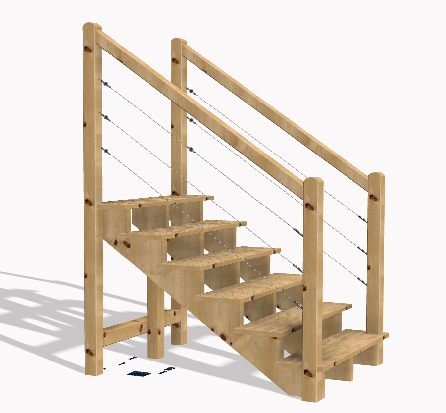 escalier extérieur avec main courant en bois et câbles en acier inoxydable.