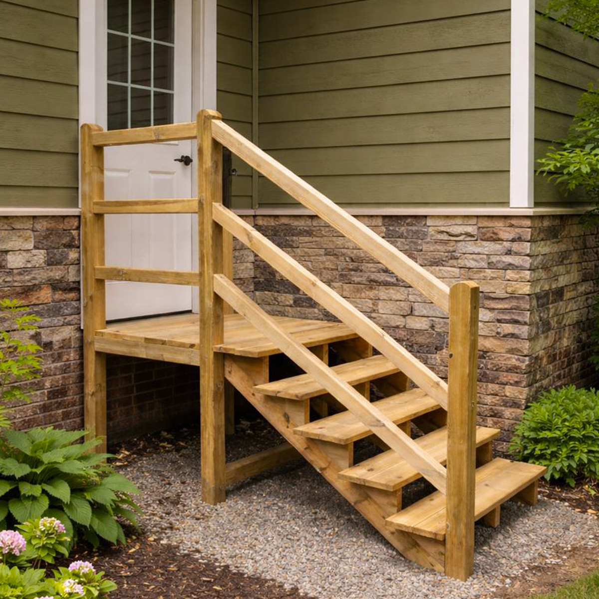 Escalera de madera rellano y barandilla MILANO