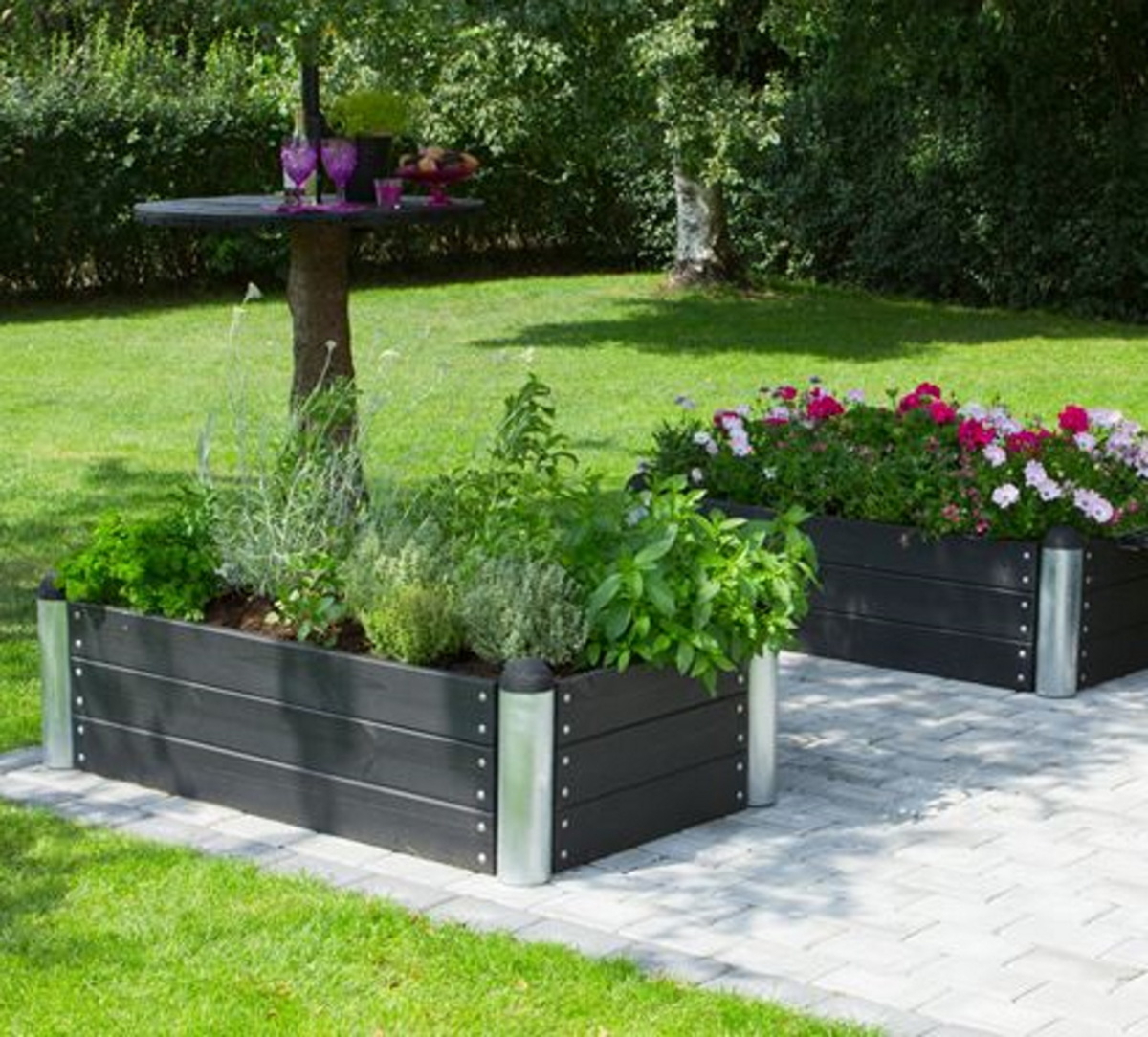 Raised planter boxes from wood and galvanized steel