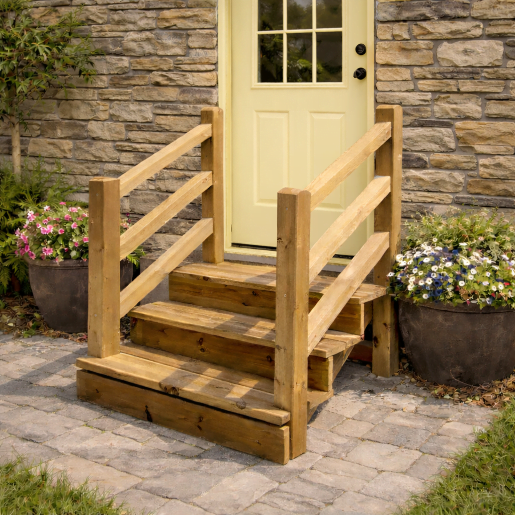 VENEZIA - Escalier ext&eacute;rieur en bois avec main courante et rambardes en bois