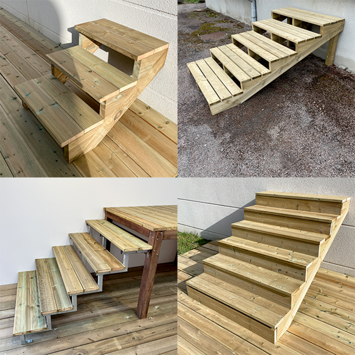 Deck stairs with galvanized steel stringers and hardwood steps