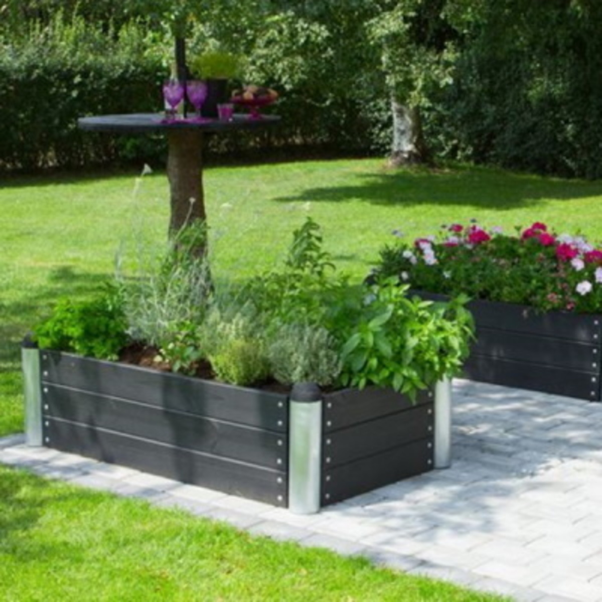 Raised planter boxes from wood and galvanized steel