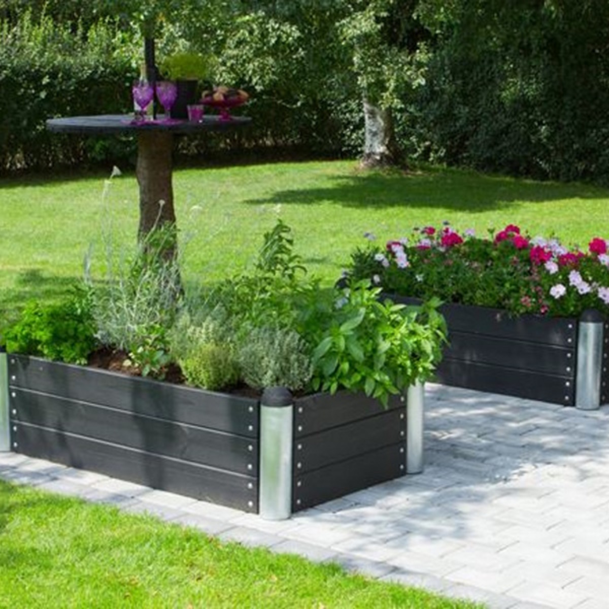 Raised planter boxes from wood and galvanized steel